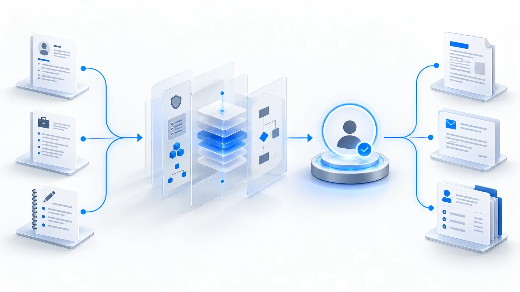 Candidate profile, role brief and recruiter notes passing through controlled AI workflow layers and human approval into a client submission, message and candidate record.