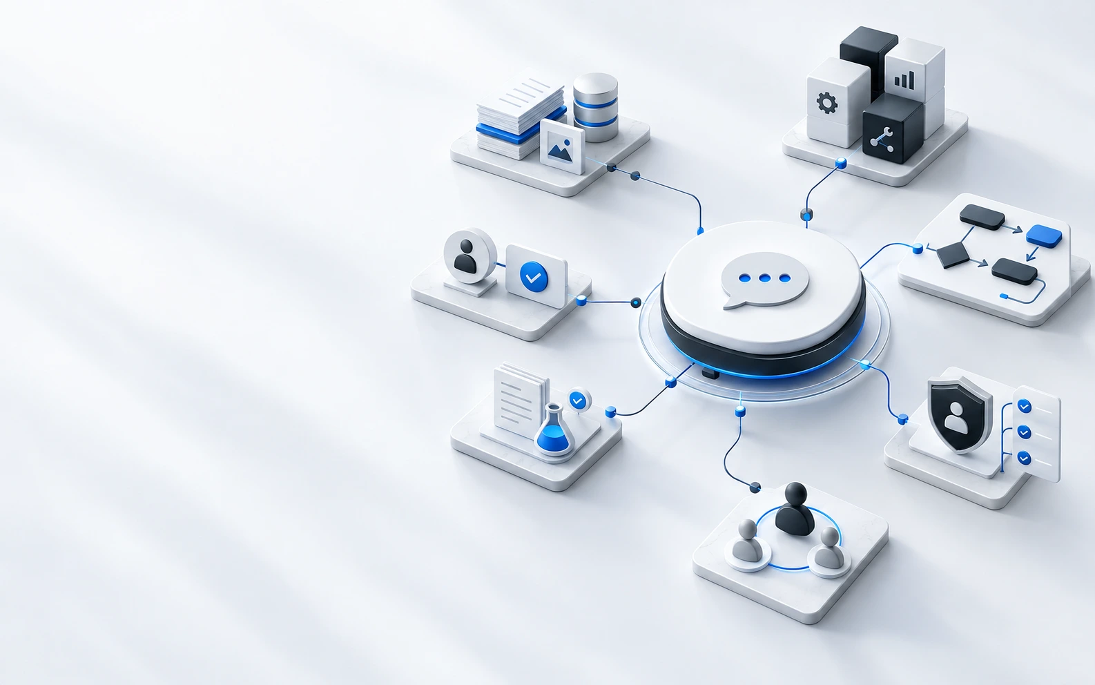 ChatGPT connected to company documents, workflows, permissions, testing and team controls as one business operating layer.