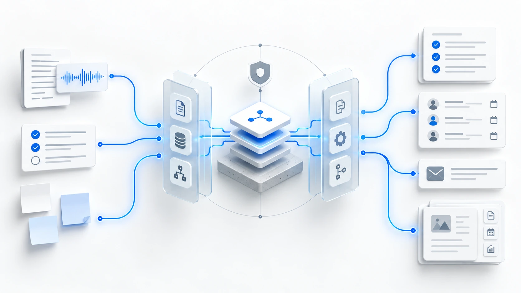 Meeting notes and transcript signals passing through a governed workflow into actions, assignments, follow-up messages and structured records.