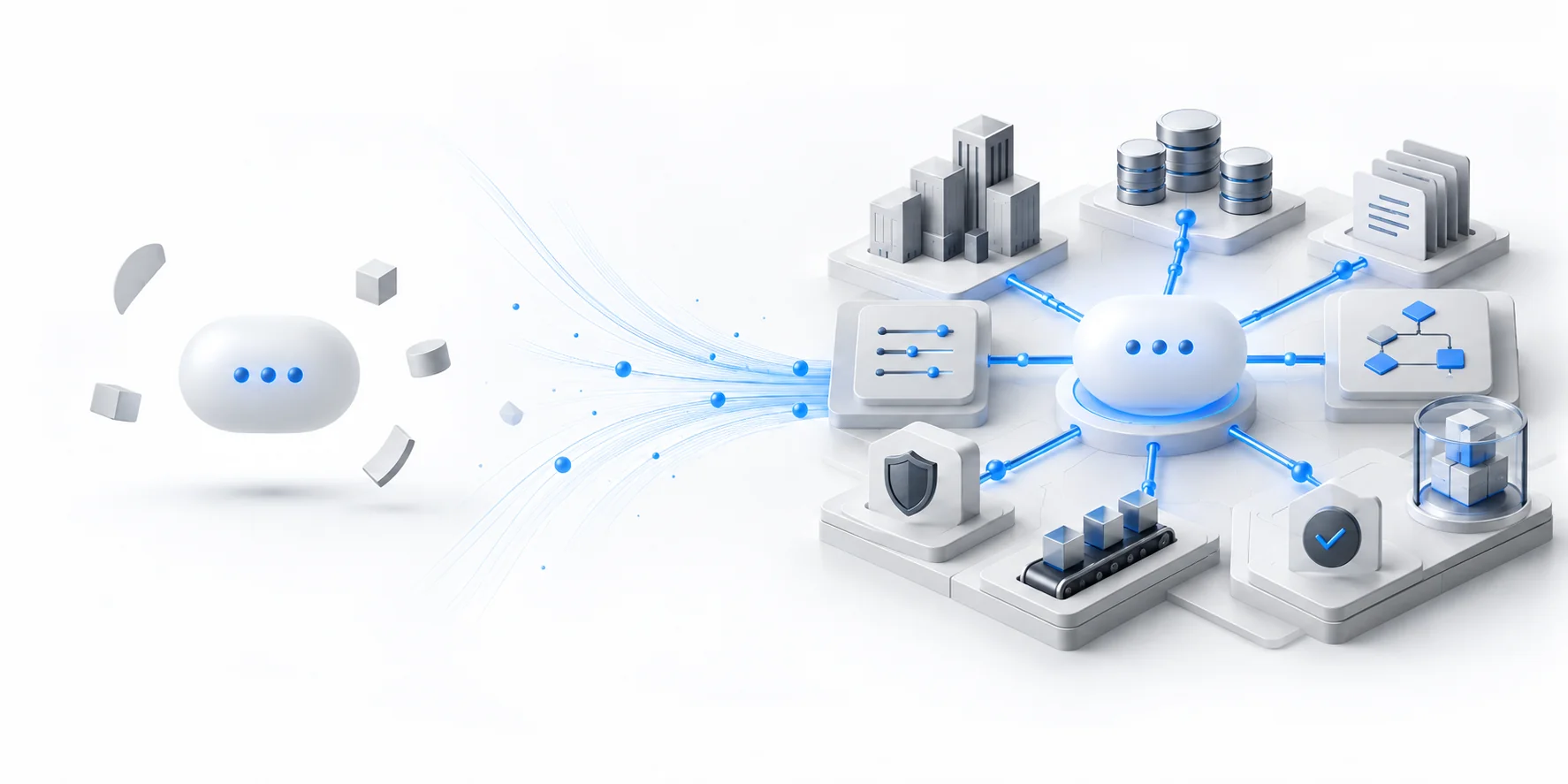 Ordinary isolated ChatGPT transforming into a structured business system connected to documents, data, workflows, controls and testing.