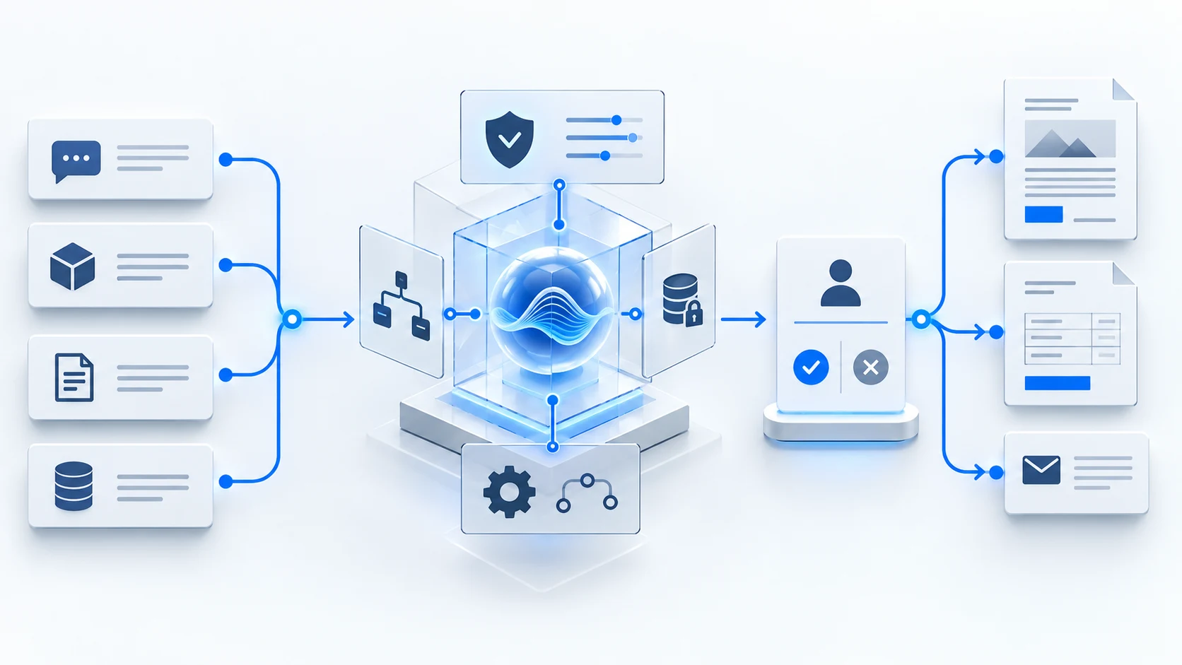 Client enquiry, company rules and business context moving through a governed verification and approval workflow into proposal and quotation outputs.