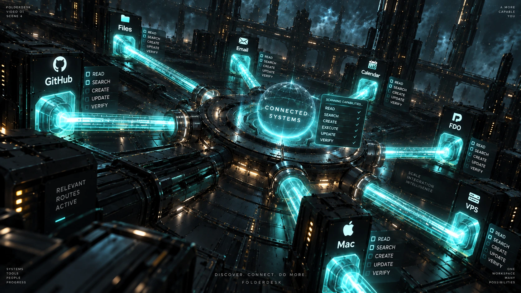 FolderDesk connecting approved business systems and capabilities while each live system remains authoritative for its own data.