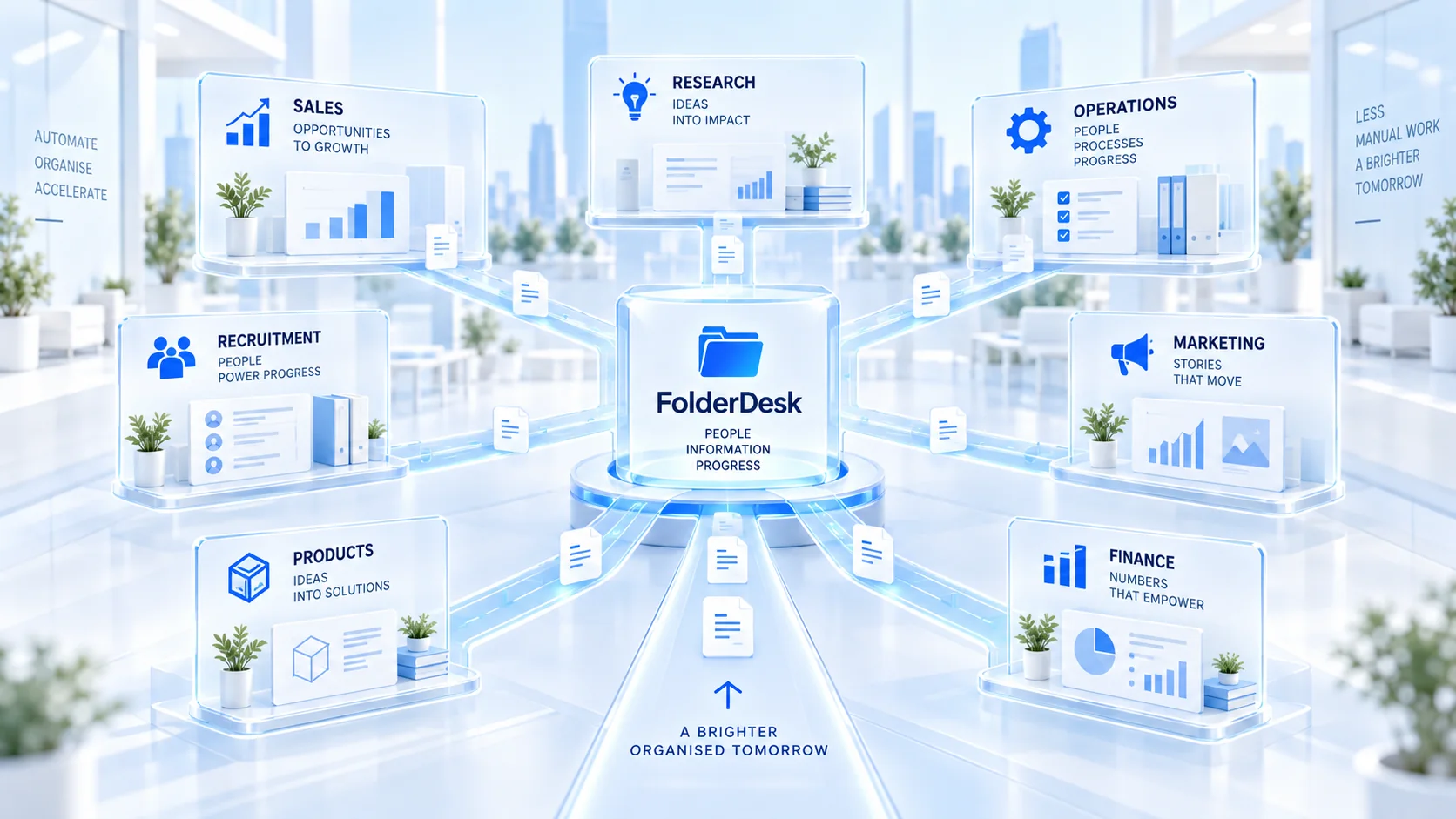 A bright FolderDesk workspace connecting business functions through one organised hub.